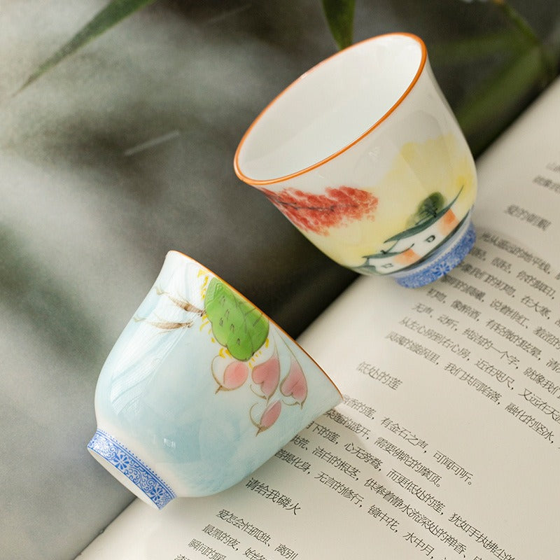 OVP white porcelain tasting cups, Flower Fairy shape hand-drawn 50ml 手绘白瓷花神杯 - OVP Tea