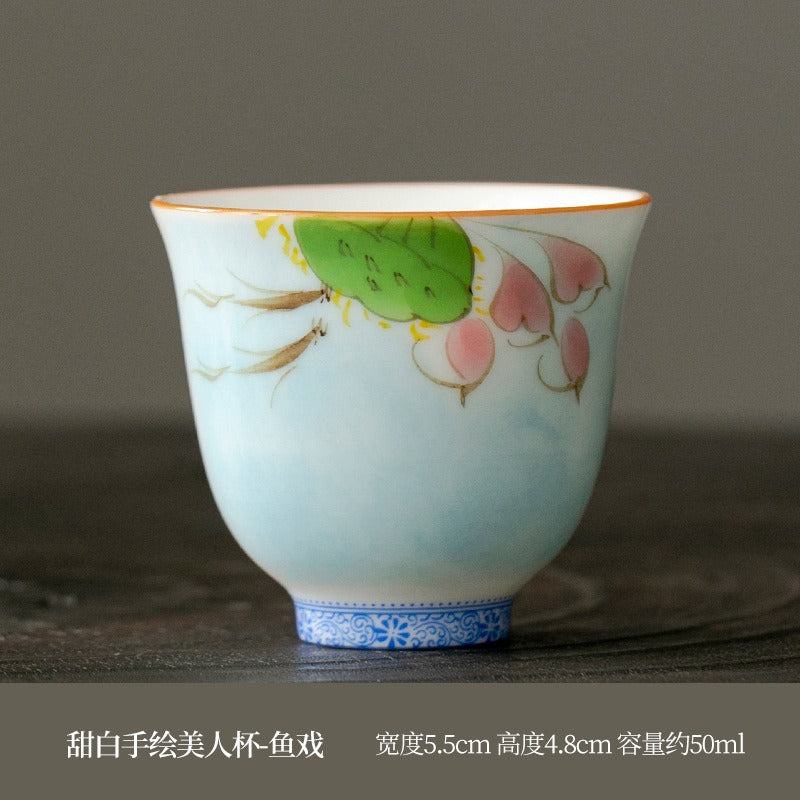 OVP white porcelain tasting cups, Flower Fairy shape hand-drawn 50ml 手绘白瓷花神杯 - OVP Tea