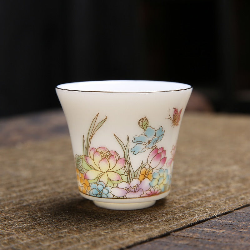 OVP white porcelain tasting cups with Decal and Gold Detailing, Blooming Flowers 70ml from Dehua, Fujian, China 繁花似锦 描金 撇口品茗杯 - OVP Tea