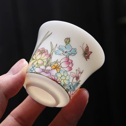 OVP white porcelain tasting cups with Decal and Gold Detailing, Blooming Flowers 70ml from Dehua, Fujian, China 繁花似锦 描金 撇口品茗杯 - OVP Tea