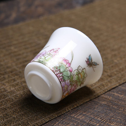 OVP white porcelain tasting cups with Decal and Gold Detailing, Blooming Flowers 70ml from Dehua, Fujian, China 繁花似锦 描金 撇口品茗杯 - OVP Tea