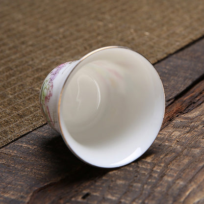 OVP white porcelain tasting cups with Decal and Gold Detailing, Blooming Flowers 70ml from Dehua, Fujian, China 繁花似锦 描金 撇口品茗杯 - OVP Tea