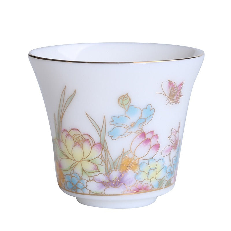 OVP white porcelain tasting cups with Decal and Gold Detailing, Blooming Flowers 70ml from Dehua, Fujian, China 繁花似锦 描金 撇口品茗杯 - OVP Tea