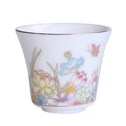 OVP white porcelain tasting cups with Decal and Gold Detailing, Blooming Flowers 70ml from Dehua, Fujian, China 繁花似锦 描金 撇口品茗杯 - OVP Tea