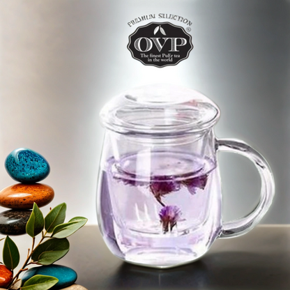 Old Village PuEr Tea Borosilicate Glass Cup with Filter and Lid (480ml) - OVP Tea