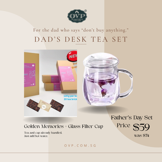 Dad’s Desk Tea Set with Golden Memories Shou Pu-erh Mini Tea Bricks and OVP glass filter cup