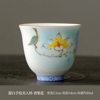 OVP white porcelain tasting cups, Flower Fairy shape hand-drawn 50ml 手绘白瓷花神杯 - OVP Tea