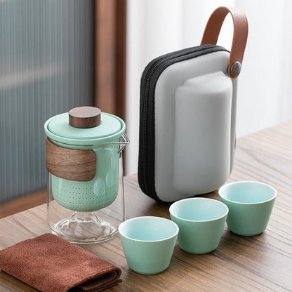 Travel Brewing Set - Portable Porcelain Tea Brewing Set with 3 cups and a carrier pouch - OVP Tea