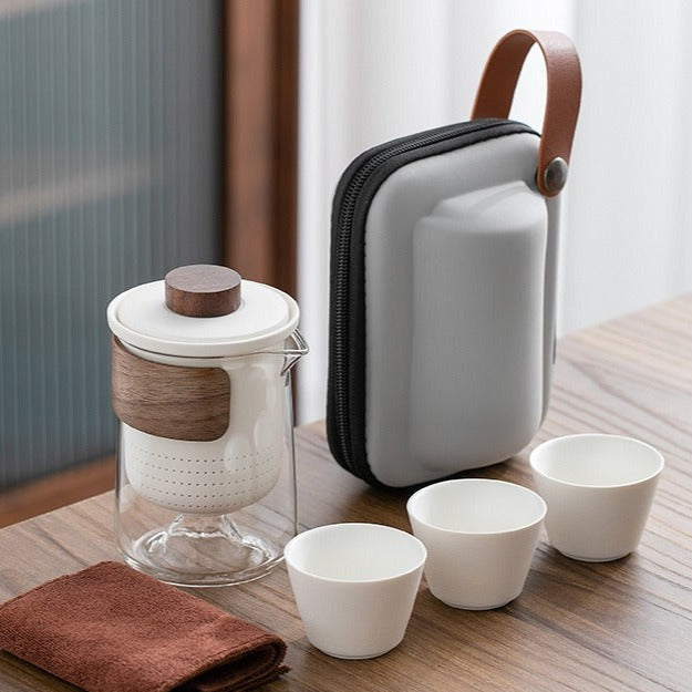 Travel Brewing Set - Portable Porcelain Tea Brewing Set with 3 cups and a carrier pouch - OVP Tea