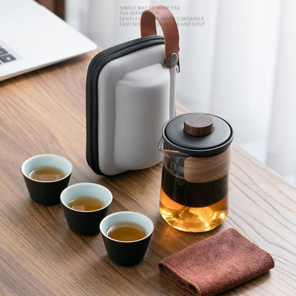 Travel Brewing Set - Portable Porcelain Tea Brewing Set with 3 cups and a carrier pouch - OVP Tea